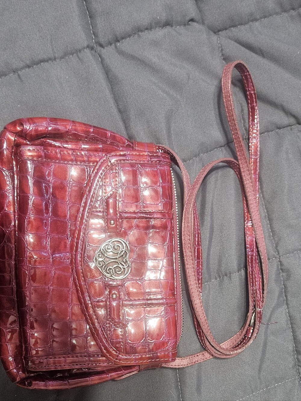 Brighton Red Croc-Embossed Crossbody Bag with Silver Heart Emblem